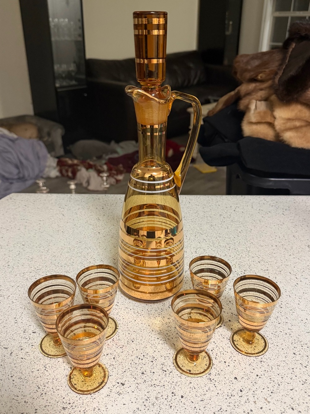 Vintage Bohemian Czech Amber Gold Banded Decanter Set 6 Glasses MCM